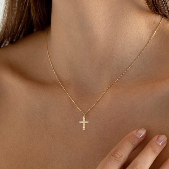 3/$35 18K Gold Plated Diamond Copper Cross Cubic Zirconia CZ Pendant Necklace - Picture 8 of 9